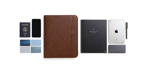 Brown Zippered Leather Portfolio for Professionals Fits Ipad tablet phone charger rocketbook passport iphone business cards