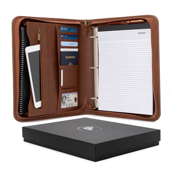 Saddle Brown Zippered Leather Portfolio with Detachable 3-Ring Binder