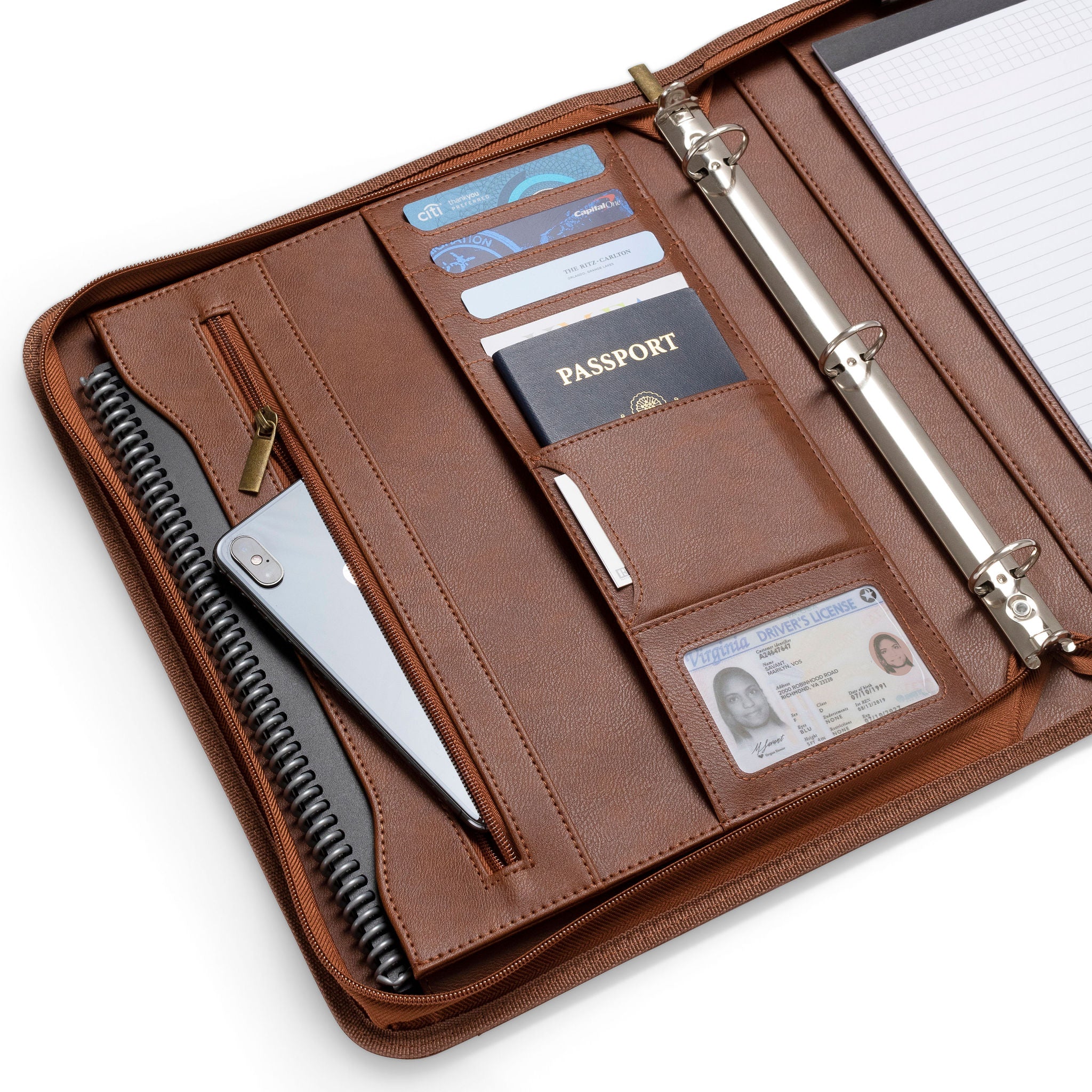 Leather 3 Ring Binder Business Portfolio Folders with Pockets - Brown -  Extra Studio